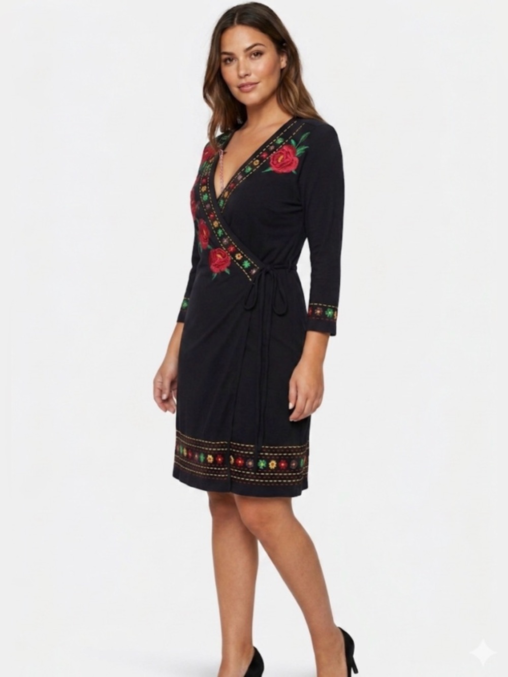 JW Los Angeles Johnny Was Embroidered Floral Wrap Dress - S